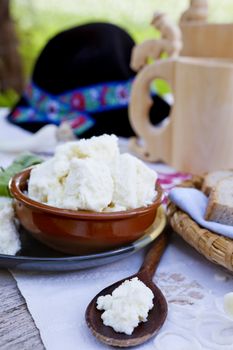 Traditional sheep cheese bryndza on wooden spoon, traditional hut in background on organic farm.