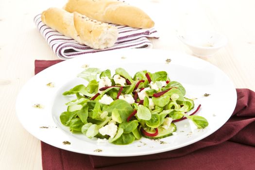 Fresh salad in white plate decorated with olive oil dressing, white bread and salad dressing in background.