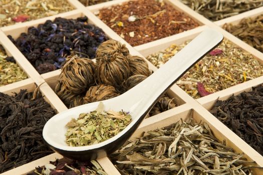 Dry tea variation in wooden box with tea spoon.