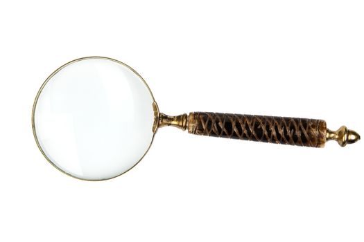 Antique magnifier isolated on white background with clipping path. Retro object.