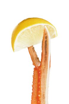 Seafood concept. Languoustine holding lemon isolated on white background.