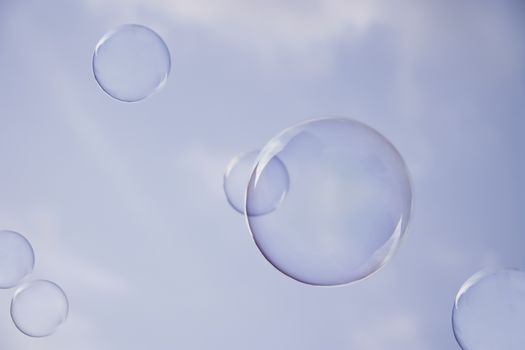 Flying soap bubbles in the air