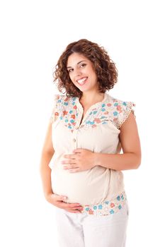 Beautiful pregnant woman showing her good shape over white background