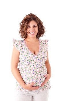 Beautiful pregnant woman showing her good shape over white background