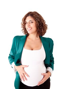 Beautiful pregnant woman showing her good shape over white background