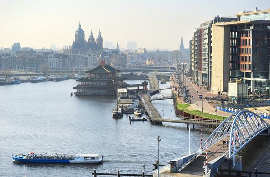 Cityscape of Amsterdam, Netherlands. View from Nemo museum