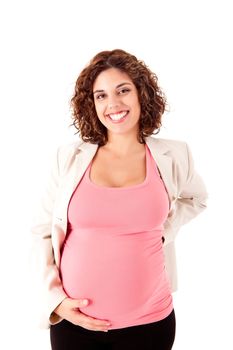 Beautiful pregnant woman showing her good shape over white background