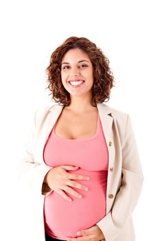 Beautiful pregnant woman showing her good shape over white background