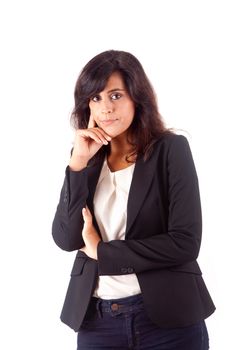 Beautiful business woman thinking over white background