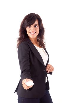 Woman holding empty white card, isolated over white