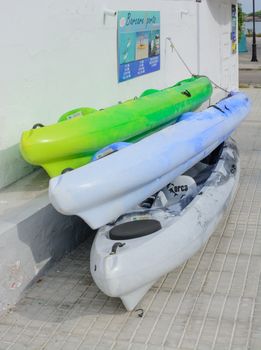 Stacked canoes in Barcares area, Alcudia, Mallorca, Balearic islands, Spain in October 2013.