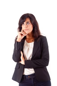 Beautiful business woman thinking over white background