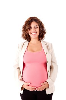 Beautiful pregnant woman showing her good shape over white background