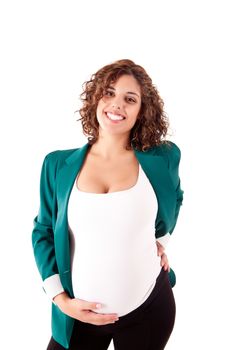 Beautiful pregnant woman showing her good shape over white background