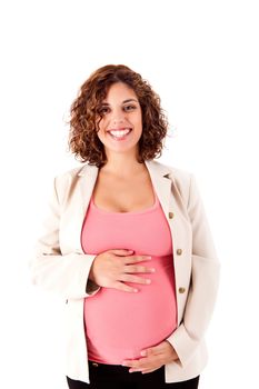 Beautiful pregnant woman showing her good shape over white background