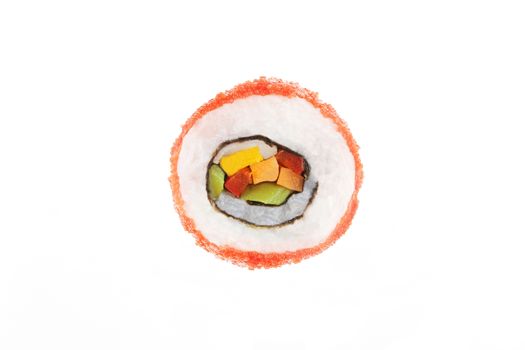 California maki sushi piece with caviar isolated on white background. Japanese gourmet food.