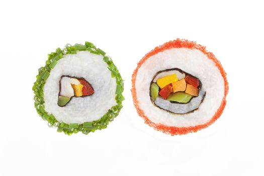 Two california maki sushi pieces with caviar and chive isolated on white background. Japanese gourmet food.