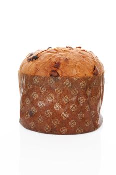 Luxurious italian panettone raisin cake isolated on white background. Italian sweet food.