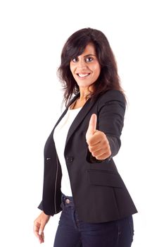 Smiling woman giving thumbs up over white background 