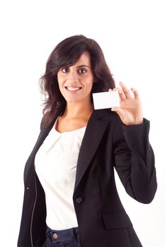Woman holding empty white card, isolated over white