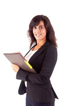 Beautiful woman scheduling an appointment over white background