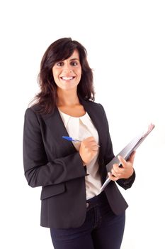 Beautiful woman scheduling an appointment over white background