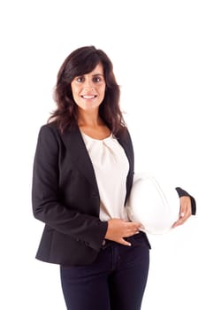 Business woman holding an white helmet over white background