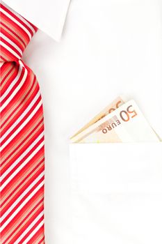 Businessman with white dress shirt and red tie and fifty euro note in his pocket. Salary or bribe? 