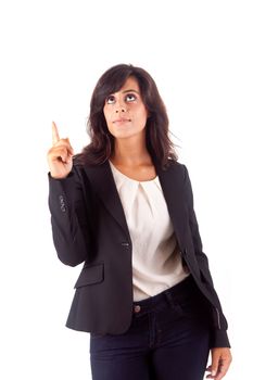 Smiling woman pointing up over white background