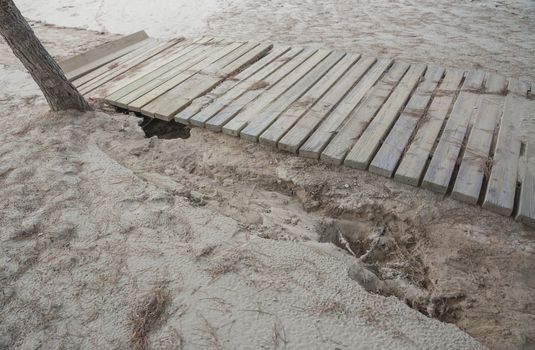 Deep erosion in the sand and broken boardwalk in Camp de Mar, Andratx, Majorca, the day after the big storm of October 29 2013.