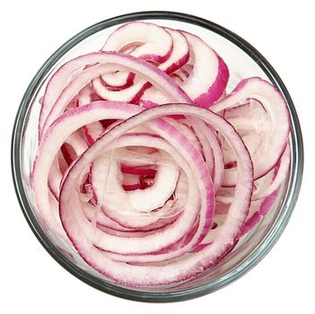Sliced Purple Onion Rings in Glass Bowl Isolated Over White