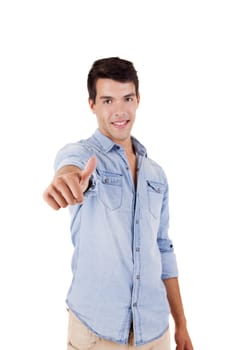 Beautiful man posing doing thumbs up over white background