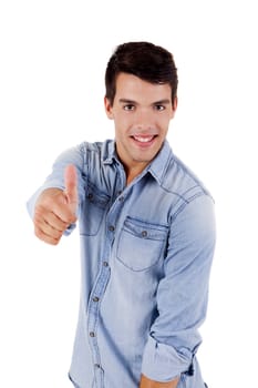 Beautiful man posing doing thumbs up over white background