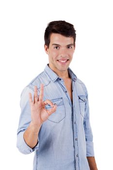 Beautiful man doing ok sign over white background