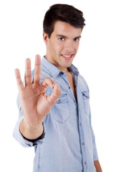 Beautiful man doing ok sign over white background