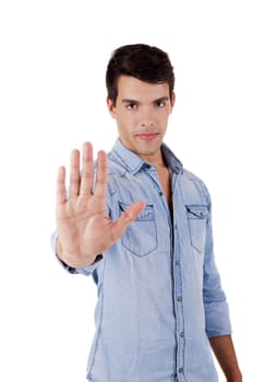 Beautiful man showing stop sign over white background