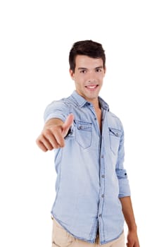 Beautiful man posing doing thumbs up over white background