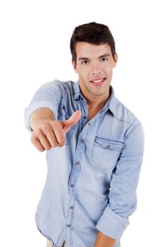 Beautiful man posing doing thumbs up over white background