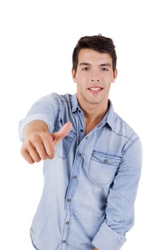 Beautiful man posing doing thumbs up over white background