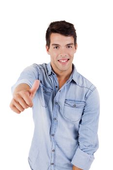 Beautiful man posing doing thumbs up over white background