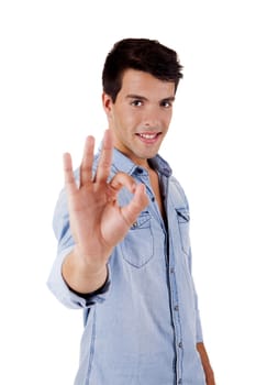 Beautiful man doing ok sign over white background