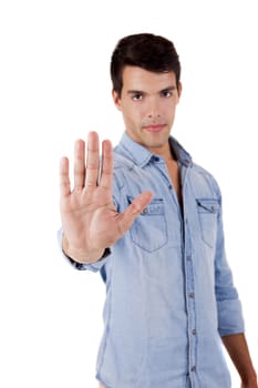 Beautiful man showing stop sign over white background