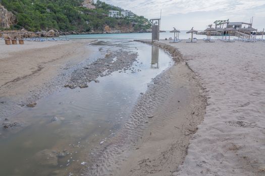 Reedbed of Camp de Mar, a typical humid coast-field with water coming from at least two sources: the Torrent de s'Aguait flowing into the beach, and the sea-water pushed up by waves. Natural protected area that also controls coastal erosion and helps maintain biodiversity. Photo taken the day after the big storm of October 29 2013.