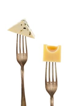 Emmentaler and blue cheese pieces on fork isolated on white background. Culinary cheese background.