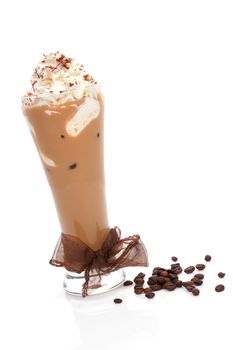 Ice coffee with cream and coffee beans isolated on white background. Refreshing summer drink.