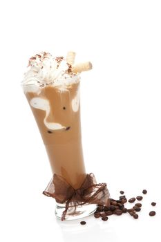 Delicious ice coffee with brown ribbon and coffee beans isolated on white. Refreshing summer drink.
