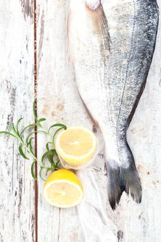 Luxurious seafood concept. Fish tail with lemon and fresh herbs and salt crystals on white wooden background with texture, top view.