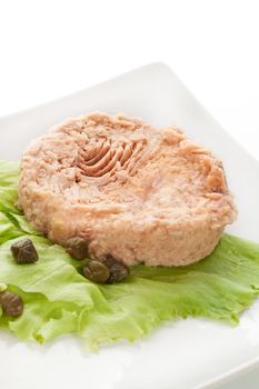 Tuna with fresh salad on white plate isolated on white background. Culinary seafood eating.