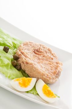 Tuna plate with fresh salad and egg. Culinary tuna meat background.