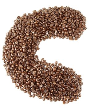 Letter C made up  of coffee beans on plain background